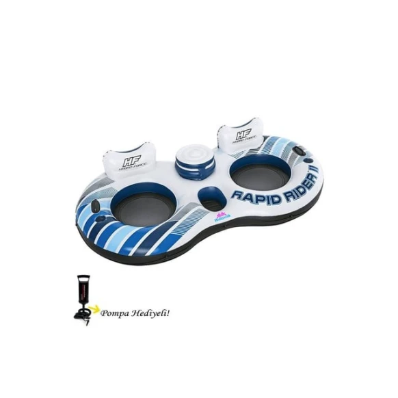 Надувной круг для двоих для плавания Bestway Hydro-Force Rapid Rider II, 251 x 132 см, ручной насос в подарок