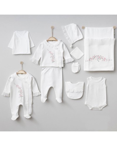 Xəstəxana çıxışı üçün geyim dəsti Pugi Baby 6130PG, qız üçün, 0-3 ay, 10 əşya, krem
