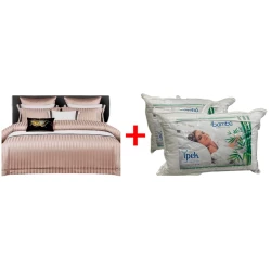 Комплект постельного белья Sahara SHA-00001408, пододеяльник 200x230 см, простыня 230x250 см, наволочка 50х70 см, евро, сатин, бежевый + Подушка Sahara SHA-0000926, бамбук, белая, 50x70 см В подарок