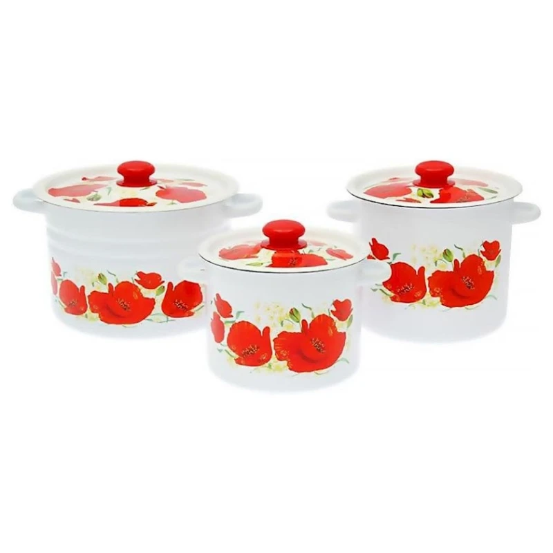 Набор кастрюль СтальЭмаль Маки N17B67, 3 шт, 3.5/5.5/8 л, эмалированная сталь, с крышкой, белый Набор кастрюль СтальЭмаль Маки N17B67, 3 шт, 3.5/5.5/8 л, эмалированная сталь, с крышкой, белый