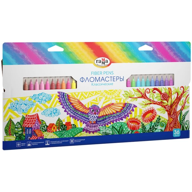 Фломастеры Гамма,Fiber Pens,Классические,смываемые,36 шт Фломастеры Гамма,Fiber Pens,Классические,смываемые,36 шт