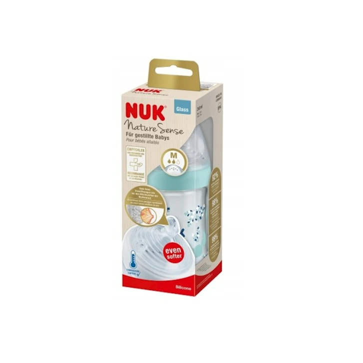 Бутылочка для кормления Nuk Nature Sense, 240 мл, 0-6 мес, M размер, стекло/силикон, товар в ассортименте