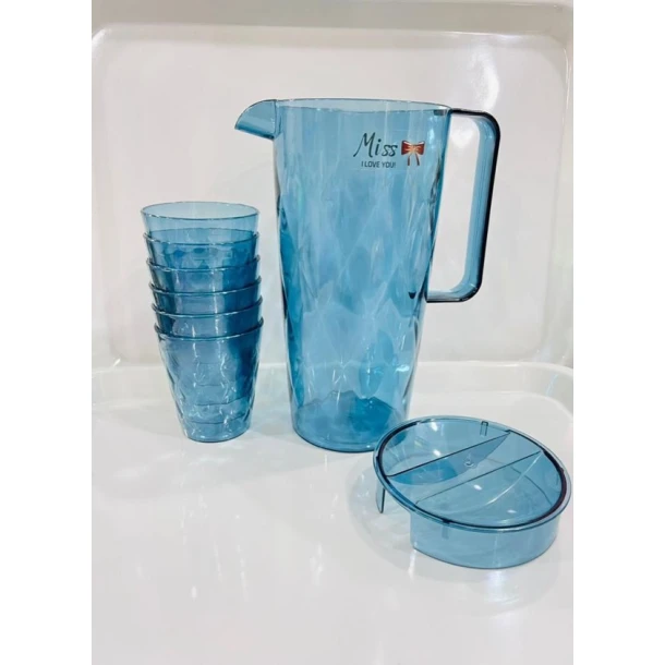 Набор графин + 6 стаканов 345, акрил, с крышкой, синий, 1 л