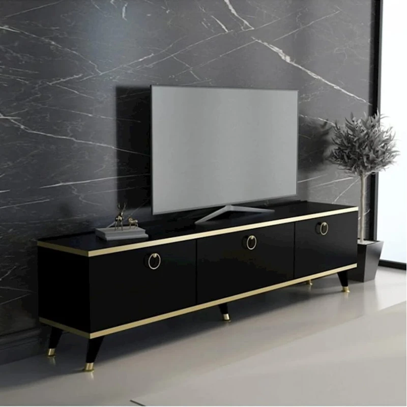 Тумба под ТВ 005, 180x55x33 см, ламинат, черный/золотистый Тумба под ТВ 005, 180x55x33 см, ламинат, черный/золотистый