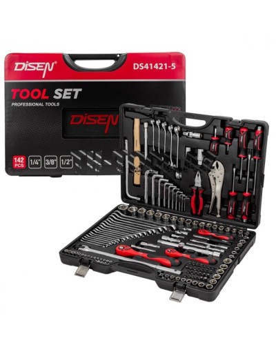 Alətlər dəsti Disen DS41421-5, 142 hissə, 1/4'' 3/8'' 1/2'' (6-hr), 4-32mm