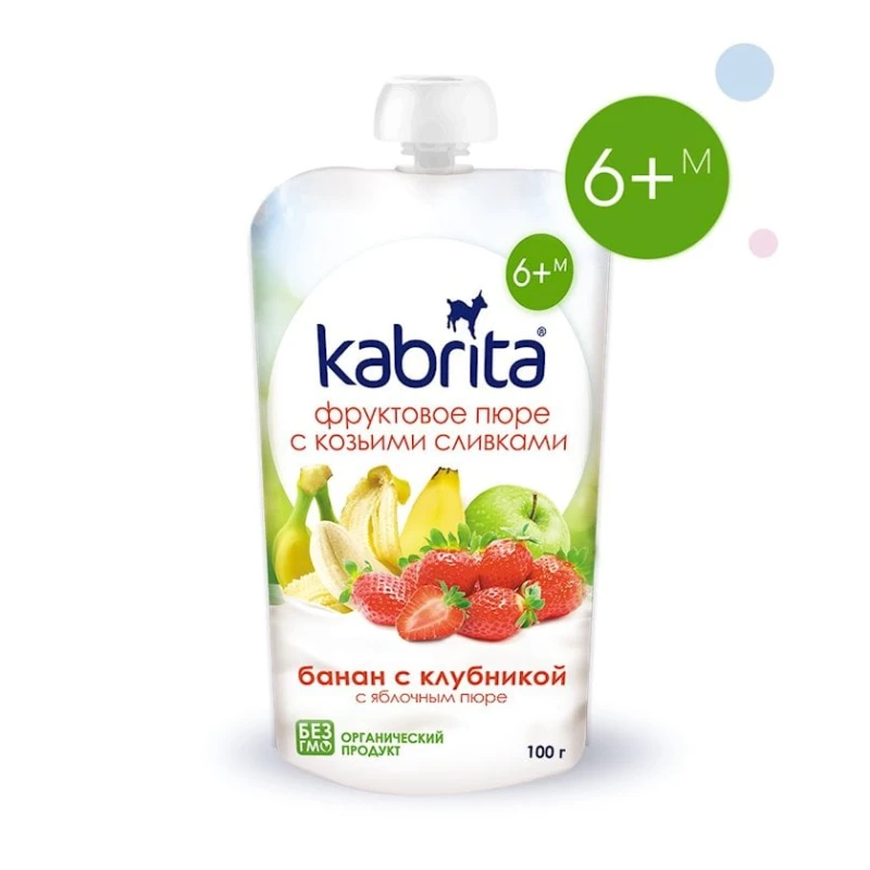 Фруктовое пюре с козьими сливками Kabrita, яблочное пюре с бананом и клубникой, с 6 месяцев, 100 г (8716677007144).