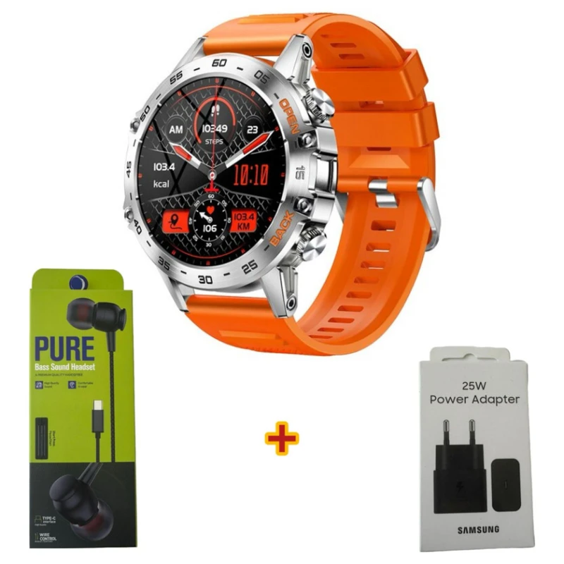 Умные часы Lemfo K52 Silver Orange + Подарок Проводные наушники Strap Pure + Сетевое зарядное устройство Samsung 25W Умные часы Lemfo K52 Silver Orange + Подарок Проводные наушники Strap Pure + Сетевое зарядное устройство Samsung 25W