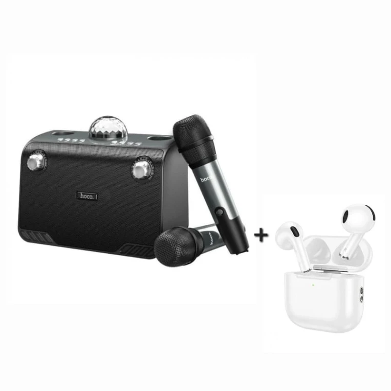 Портативная колонка Hoco BS41 Plus Karaoke Black + подарок беспроводные наушники Hoco EW64 White Портативная колонка Hoco BS41 Plus Karaoke Black + подарок беспроводные наушники Hoco EW64 White