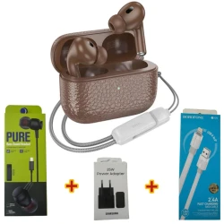 Беспроводные наушники Hoco EQ9 Brown + Подарок Проводные наушники Strap Pure + Сетевое зарядное устройство Samsung 25W + Кабель USB Borofone BX89