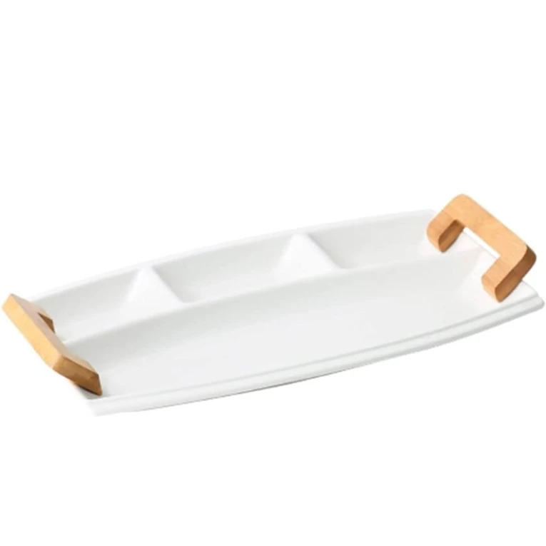 Менажница, керамика/бамбук, белый/коричневый, 23x34 см