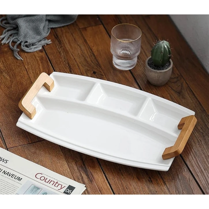 Менажница, керамика/бамбук, белый/коричневый, 23x34 см