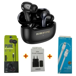Simsiz qulaqlıqlar Borofone FQ1 Plus Black + Hədiyyə Simli qulaqlıqlar Strap Pure + Şəbəkə enerji toplama cihazı Samsung 25W + USB kabel Borofone BX89
