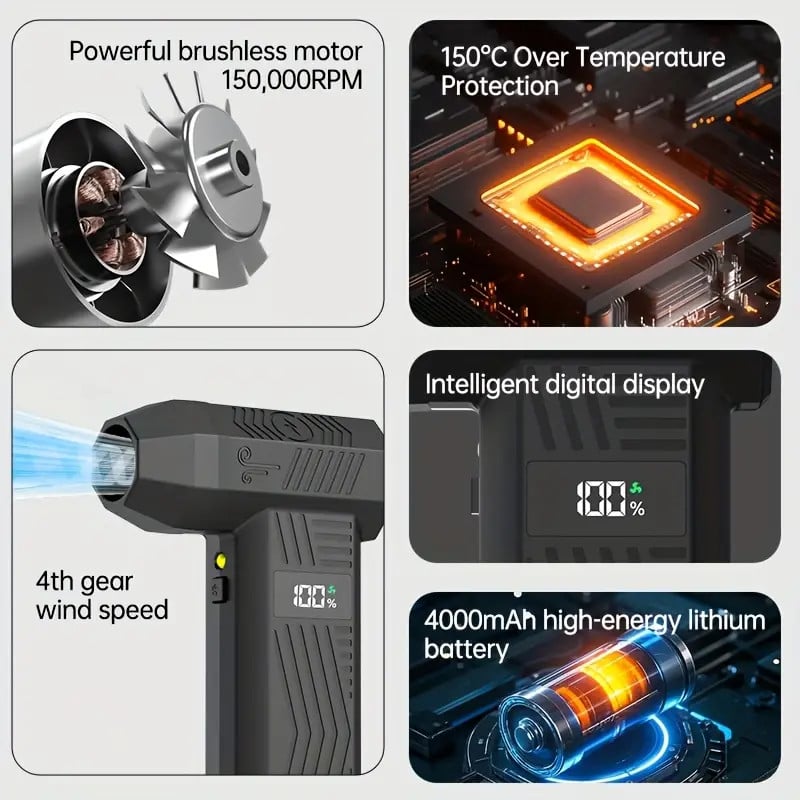 Электрический пылесос Turbo Fan, 150 000 об/мин, аккумулятор 4000 мА·ч, светодиодная подсветка, USB-C