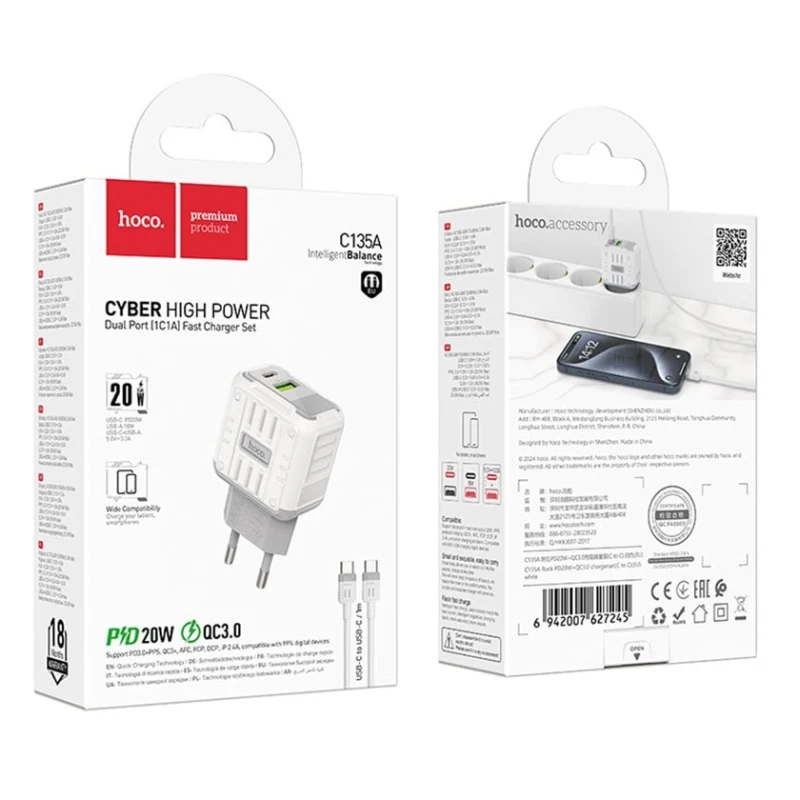 Сетевое зарядное устройство Hoco C135A, Белый Сетевое зарядное устройство Hoco C135A, Белый