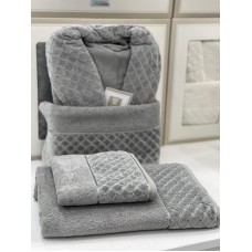 Hamam dəsti MiraNova SF-795, pambıq, boz, ölçü L/XL (hamam dəsmalı + üz dəsmalı + xələt)