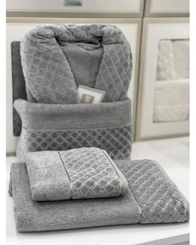 Hamam dəsti MiraNova SF-795, pambıq, boz, ölçü L/XL (hamam dəsmalı + üz dəsmalı + xələt)