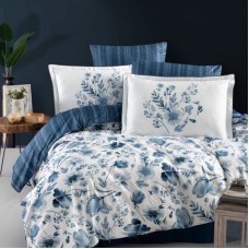 Yataq dəsti DO&GO vm144, ikinəfərlik premium, sətin (yorğan üzü 200x220 sm 1 əd+mələfə 240x260 sm 1 əd+yastıq üzü yastıq üzü naxışlı 50x70 sm 2 əd+yastıq üzü 70x70 sm 2 əd), ağ/göy
