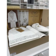 Hamam dəsti MiraNova FS-628 (xələt + hamam dəsmalı 70x140 sm + əl dəsmalı 50x90 sm + əl dəsmalı 30x50 sm + tərlik), pambıq, ağ