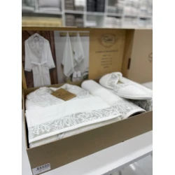 Банный набор MiraNova FS-628 (халат + банное полотенце 70x140 см + полотенце для рук 50x90 см + полотенце для рук 30x50 см + шлепанцы), хлопок, белый