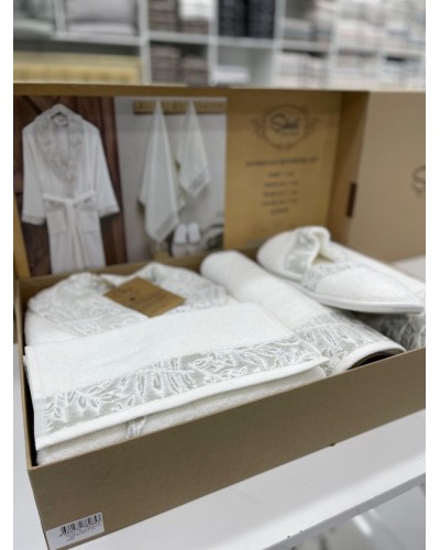 Hamam dəsti MiraNova FS-628 (xələt + hamam dəsmalı 70x140 sm + əl dəsmalı 50x90 sm + əl dəsmalı 30x50 sm + tərlik), pambıq, ağ