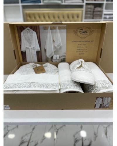 Hamam dəsti MiraNova FS-628 (xələt + hamam dəsmalı 70x140 sm + əl dəsmalı 50x90 sm + əl dəsmalı 30x50 sm + tərlik), pambıq, ağ
