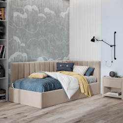 Односпальная кровать Art_tek_yataq 69, ламинат/текстиль, бежевая, 200x85x90 см