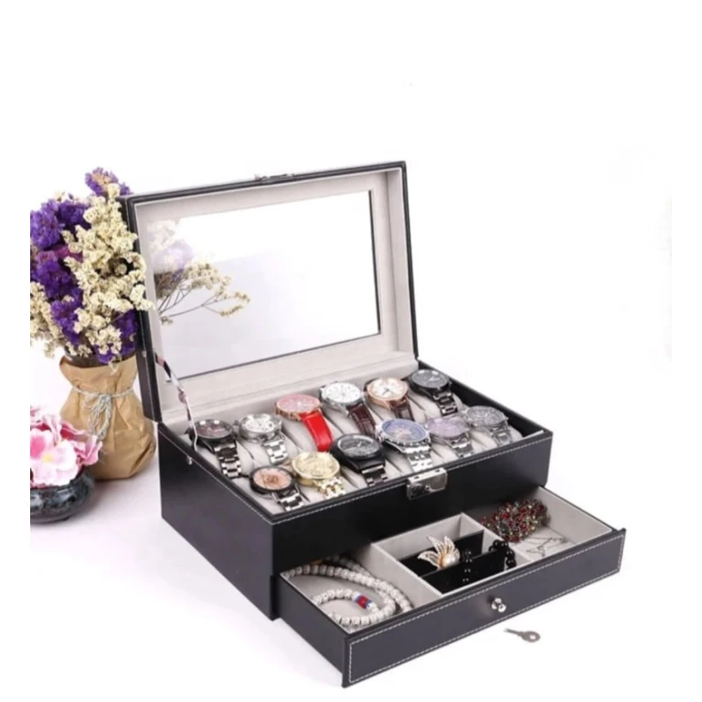 Органайзер с ящиками для украшений и часов, кожа, черный 30x20x13 см