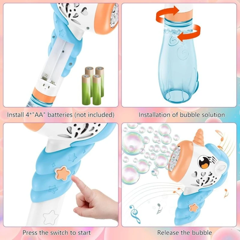 Sabun köpükləri buraxan Bubbles stick, təkbuynuz, işıq və səs effektləri ilə, ağ