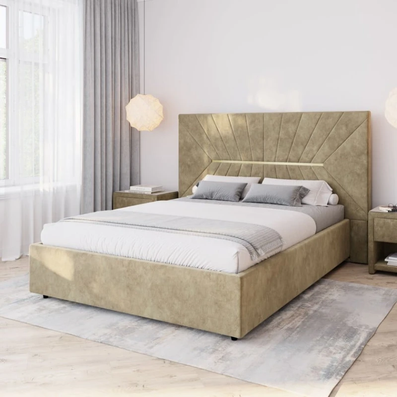 Двуспальная кровать Art_ikili_yataq 82, ламинат/текстиль, бежевая, 120x200х200 см