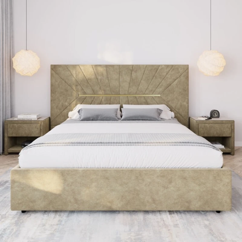 Двуспальная кровать Art_ikili_yataq 82, ламинат/текстиль, бежевая, 120x200х200 см