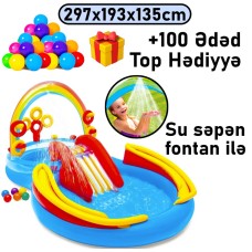 Şişmə hovuz Intex, sürüşmə təpəcik və su səpən ilə, rəngarəng, çoxgüşəli, 297x193x135 sm, həcm 227 l - 227TX57453T100
