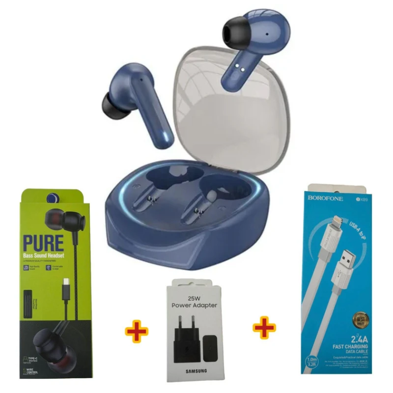 Simsiz qulaqlıqlar Borofone BW37 Blue + Hədiyyə Simli qulaqlıqlar Strap Pure + Şəbəkə enerji toplama cihazı Samsung 25W + USB kabel Borofone BX89