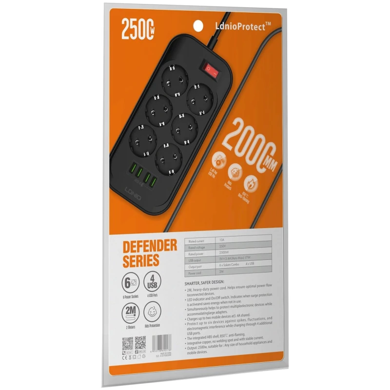 Сетевой фильтр LDNIO SE6403 2 м, 6-розеточный, Черный Сетевой фильтр LDNIO SE6403 2 м, 6-розеточный, Черный