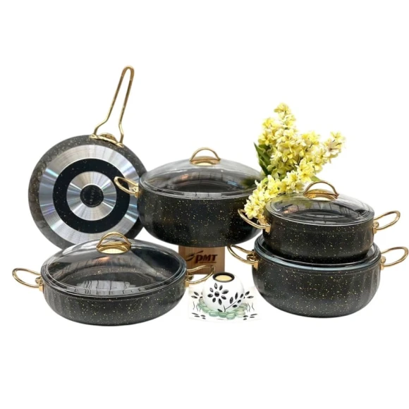 Qab-qacaq dəsti PMT Elips Gold PP-LL-018, qranit, qara/qızılı, 4 parça