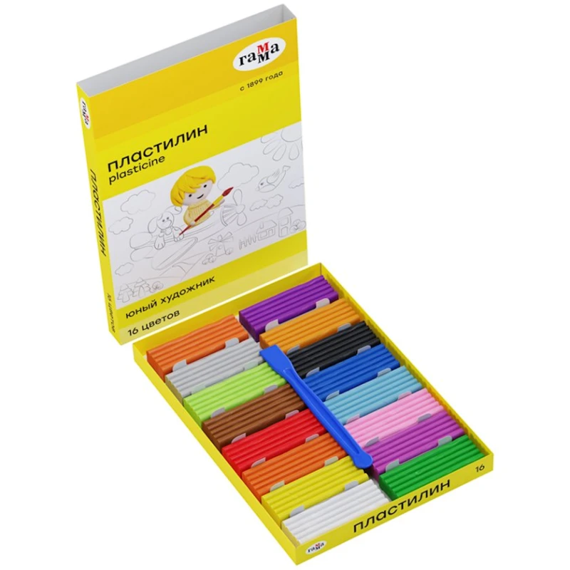 Пластилин Гамма Юный художник, 16 шт, разноцветный, со стеком, картонная коробка, 224 г, 3+ лет Пластилин Гамма Юный художник, 16 шт, разноцветный, со стеком, картонная коробка, 224 г, 3+ лет