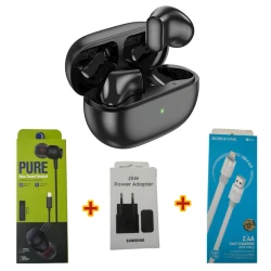 Беспроводные наушники Borofone BW39 Black + Подарок Проводные наушники Strap Pure + Сетевое зарядное устройство Samsung 25W + Кабель USB Borofone BX89