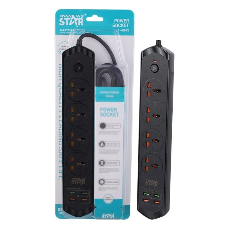 Сетевой фильтр Winning Star ST-4043 2 м, 4 розеточный, черный Сетевой фильтр Winning Star ST-4043 2 м, 4 розеточный, черный