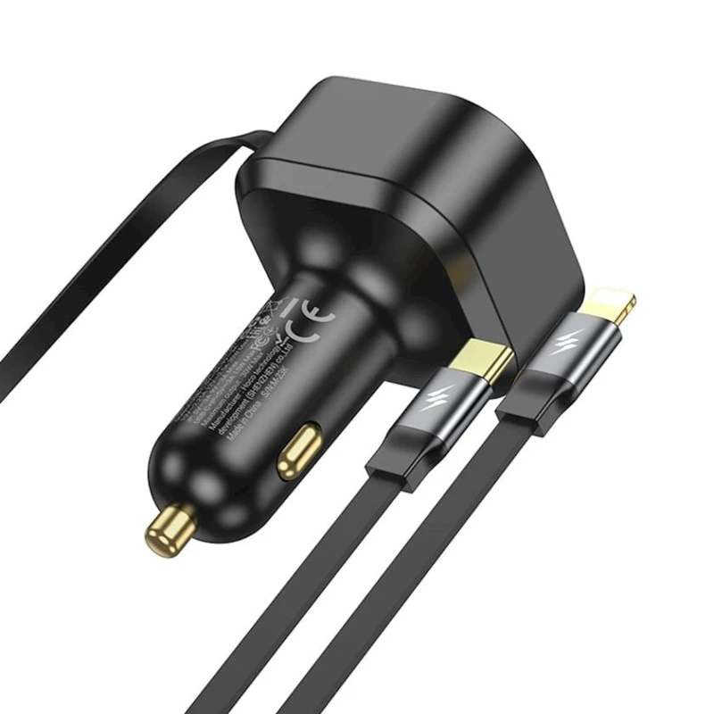 Автомобильное зарядное устройство Hoco NZ13 30W Type-C + Lightning Telescopic Cable(Black)