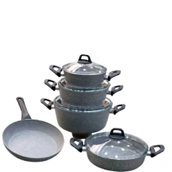 Qab-qacaq dəsti, qranit, boz, 9 parça, 20/24/26/28 sm