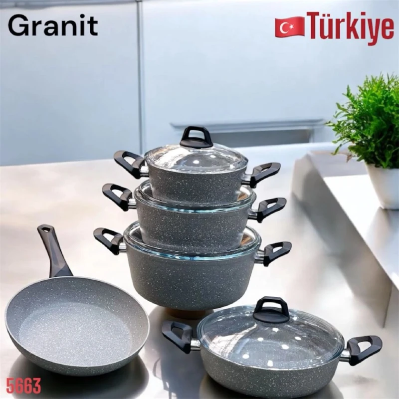 Qab-qacaq dəsti, qranit, boz, 9 parça, 20/24/26/28 sm