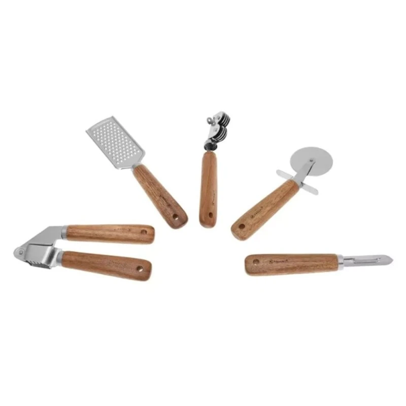 Набор кухонных принадлежностей Prajo Home, 5 шт, нержавеющая сталь/дерево, с петлей для подвешивания, серебристый/коричневый Набор кухонных принадлежностей Prajo Home, 5 шт, нержавеющая сталь/дерево, с петлей для подвешивания, серебристый/коричневый