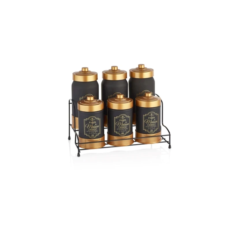 Ədviyyatların saxlanılması üçün qab dəsti Cosiness, 6 əd, şüşə, qara/qızılı