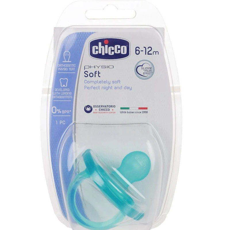 Силиконовая пустышка Chicco Physio Soft Blue ортодонтическая, от 6-12 месяцев, цвет бирюзовый Силиконовая пустышка Chicco Physio Soft Blue ортодонтическая, от 6-12 месяцев, цвет бирюзовый