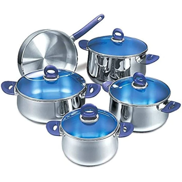 Набор посуды Korkmaz A1910 Mavis 20х12/24х14/24х6/16х10/24х8 см, 9 шт, нержавеющая сталь, с крышкой, серебристый/синий Набор посуды Korkmaz A1910 Mavis 20х12/24х14/24х6/16х10/24х8 см, 9 шт, нержавеющая сталь, с крышкой, серебристый/синий