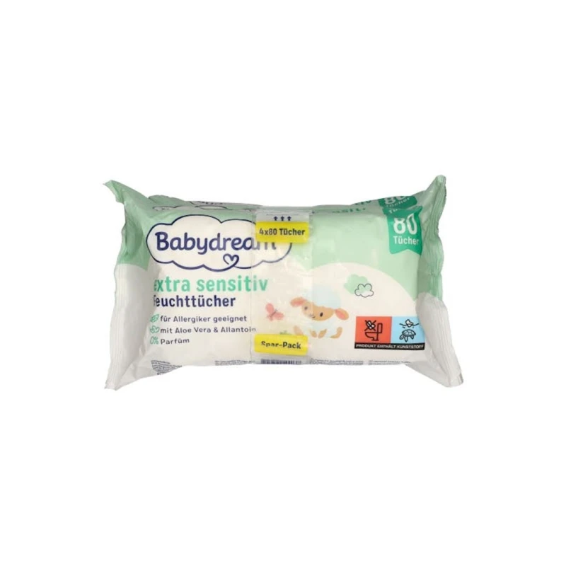 Детские влажные салфетки Rossmann Babydream Extra Sensitive для чувствительной кожи 4x80 шт.
