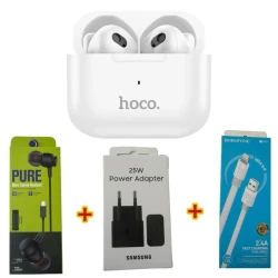 Беспроводные наушники Hoco EW30 White + Подарок Проводные наушники Strap Pure + Сетевое зарядное устройство Samsung 25W + Кабель USB Borofone BX89