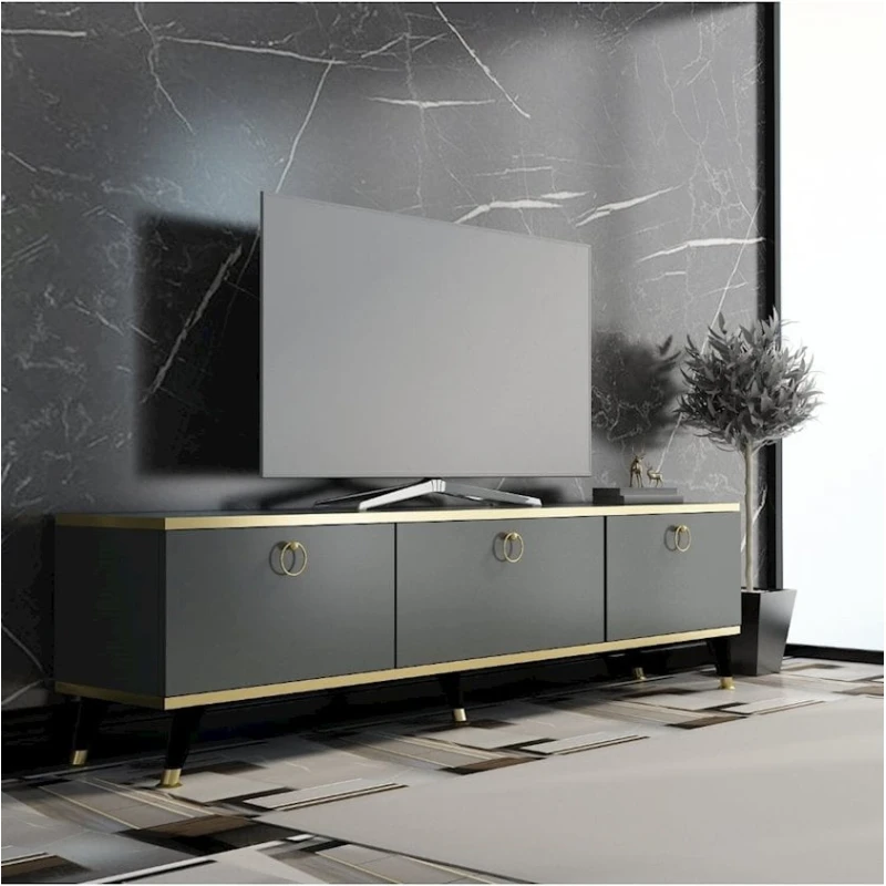 Тумба под ТВ 003, 180x55x33 см, ламинат, серый/золотистый Тумба под ТВ 003, 180x55x33 см, ламинат, серый/золотистый