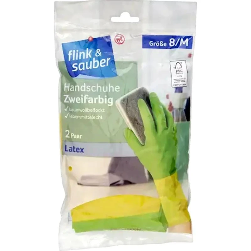 Перчатки хозяйственные Flink & Sauber размер M, 2 пара, латекс, зеленые/желтые Перчатки хозяйственные Flink & Sauber размер M, 2 пара, латекс, зеленые/желтые