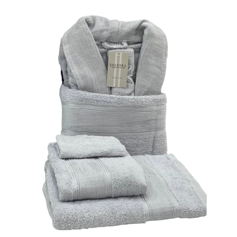 Банный набор Volenka SHA-00002608 халат + банное полотенце 70х140 см + полотенце для рук 50х90 см + мочалка-перчатка, серый Банный набор Volenka SHA-00002608 халат + банное полотенце 70х140 см + полотенце для рук 50х90 см + мочалка-перчатка, серый