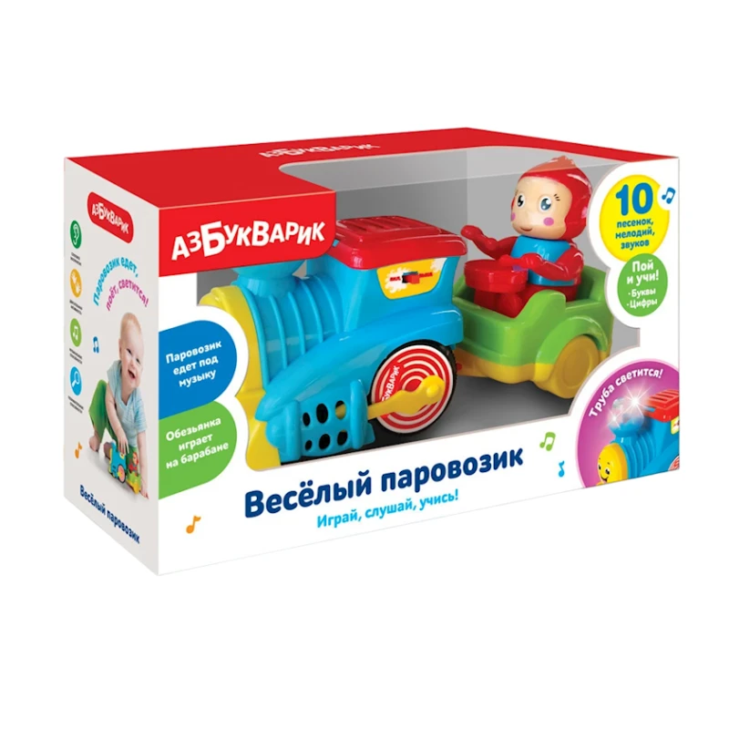 Интерактивная игрушка Азбукварик 2584В Музыкальная игрушка. Веселый паровозик, голубой, 3+ лет